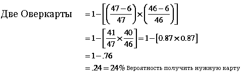 Для примера приведем дро с двумя оверкартами, в котором по 3 аута для каждой овер-карты, т.е. всего 6 аутов для возможного составления топ-пары, вероятность 